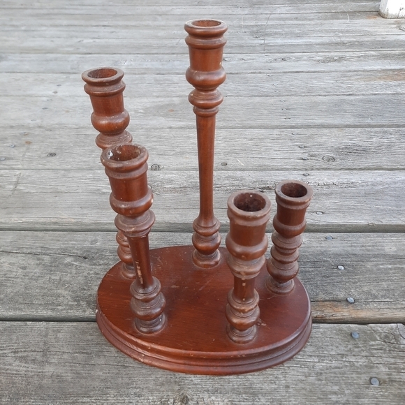 Vintage MCM mid-century modern dark wooden candlestick 5 graduated candelabra - Picture 2 of 9